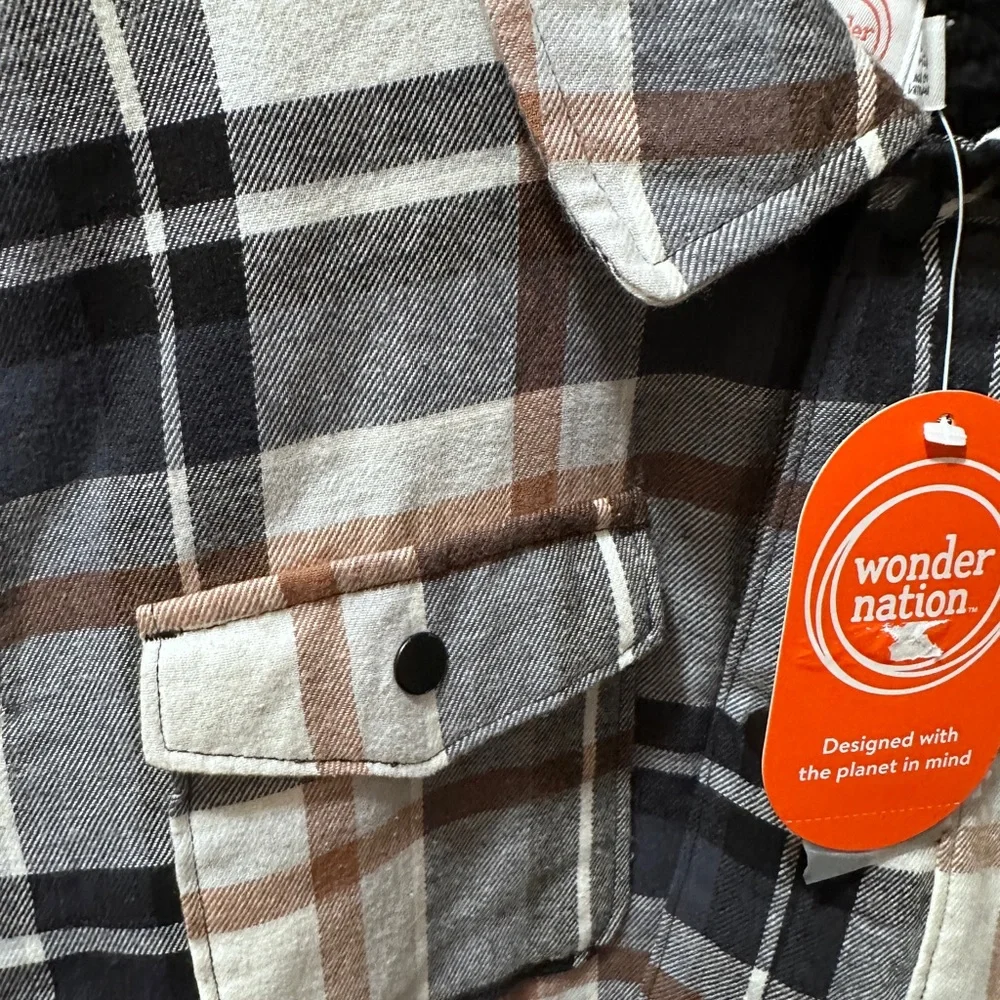 Boys‎ black/brown/white plaid Button-Up Shirt JACKET  Size 10-12 NEW